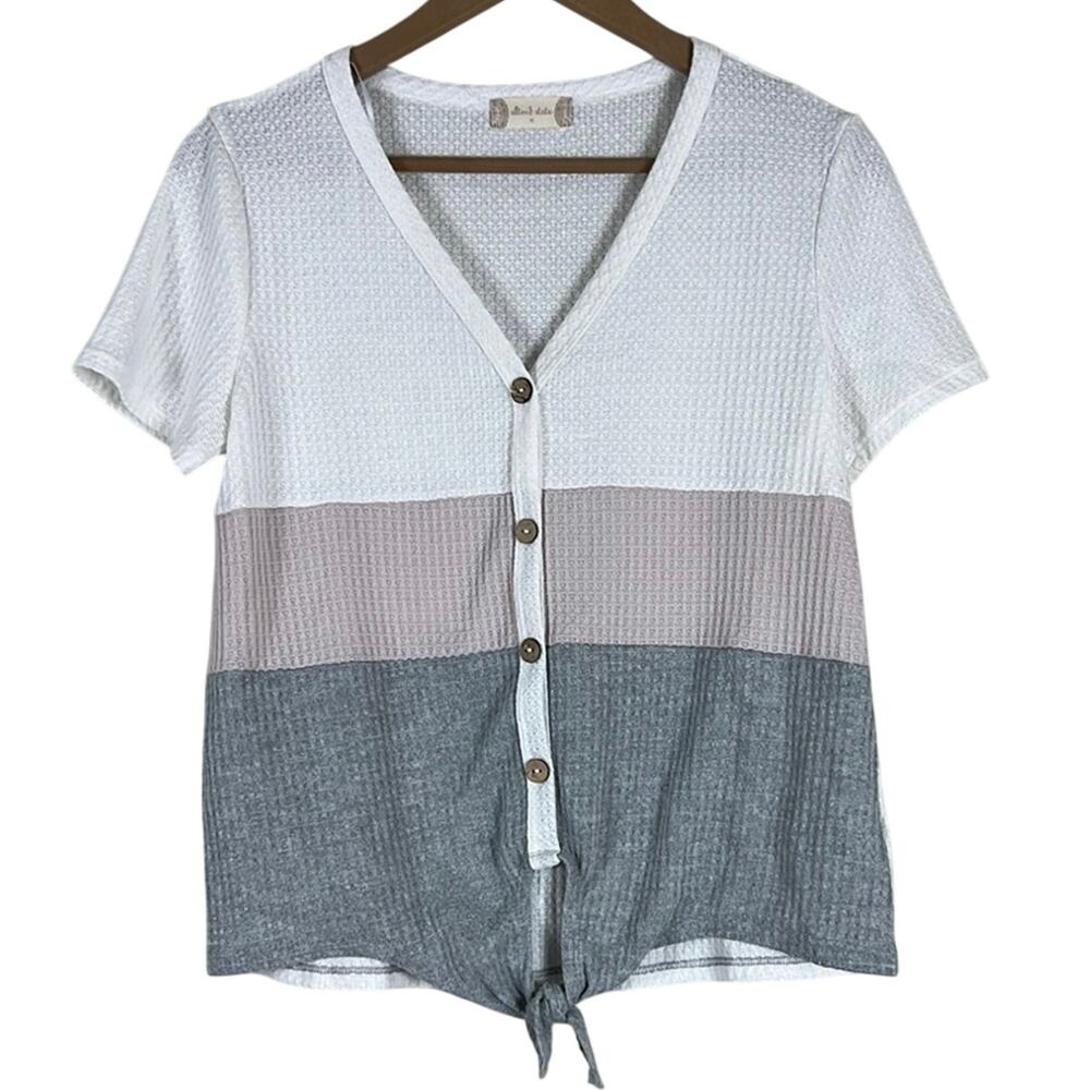 Altar’d State Tie Front Waffle Knit Top Womens M Colorblock Coastal Grandmother
